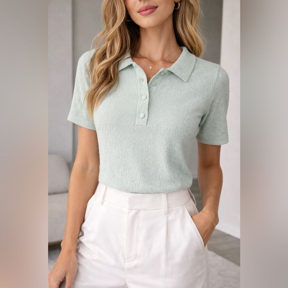 Club Monaco Bouclé Polo Top Light Blue Mint Textured Knit Short Sleeve M NWT